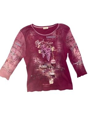 Cactus Womens Large Pinot Noir Wine Grapes Rhinestone Graphic 3/4 Sleeve Top